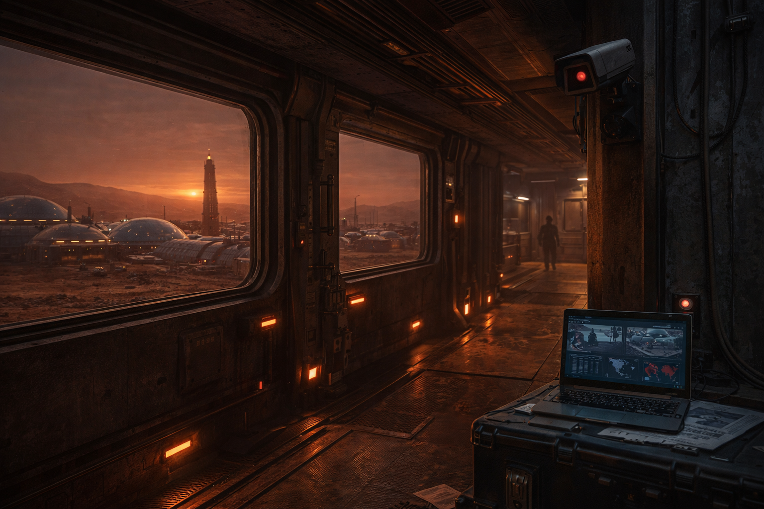 Mars colony industrial corridor with amber lighting